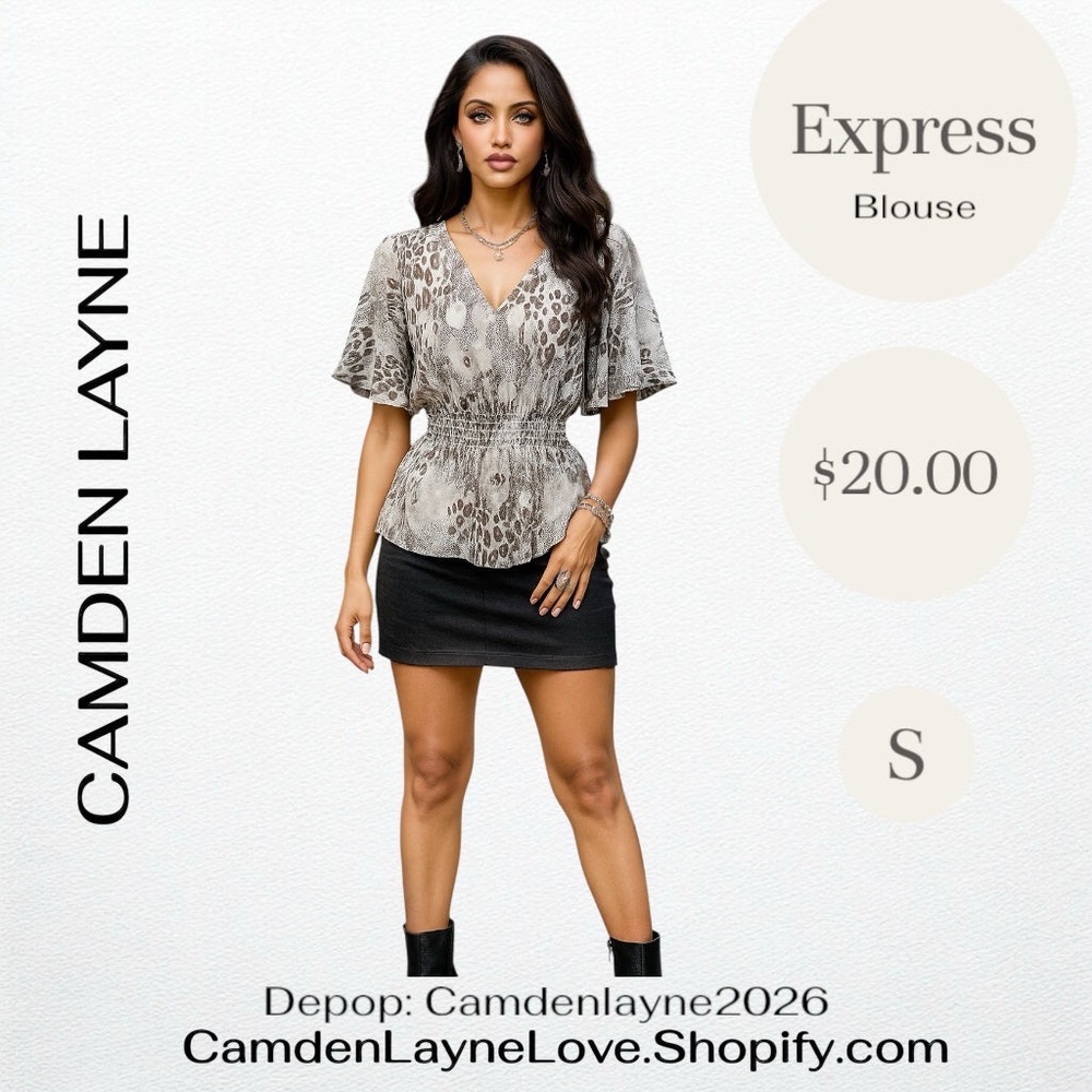 Express Gray Leopard Print V-Neck Blouse - Picture 2 of 6
